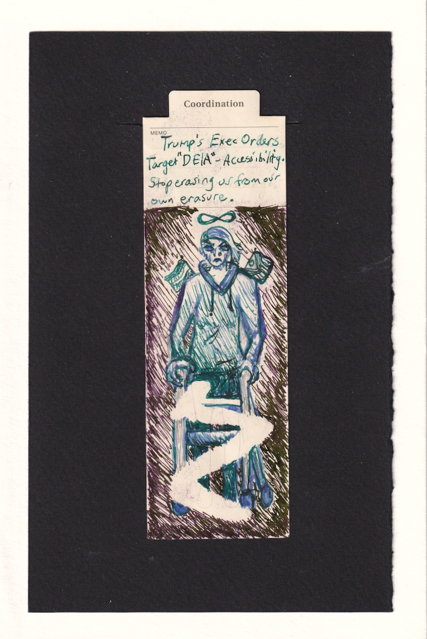 the figure is angry. they stand clutching a 4 wheeled walker, which looks like it has been haphazardly erased. They have two pride flags on their back, a progress flag and a nonbinary flag, as well as an infinity sign above their head for neurodiversity. Most of the shading is diagonal, and the figure is in desaturated blues and greens, with a dark purple-red vignette-like background behind them.