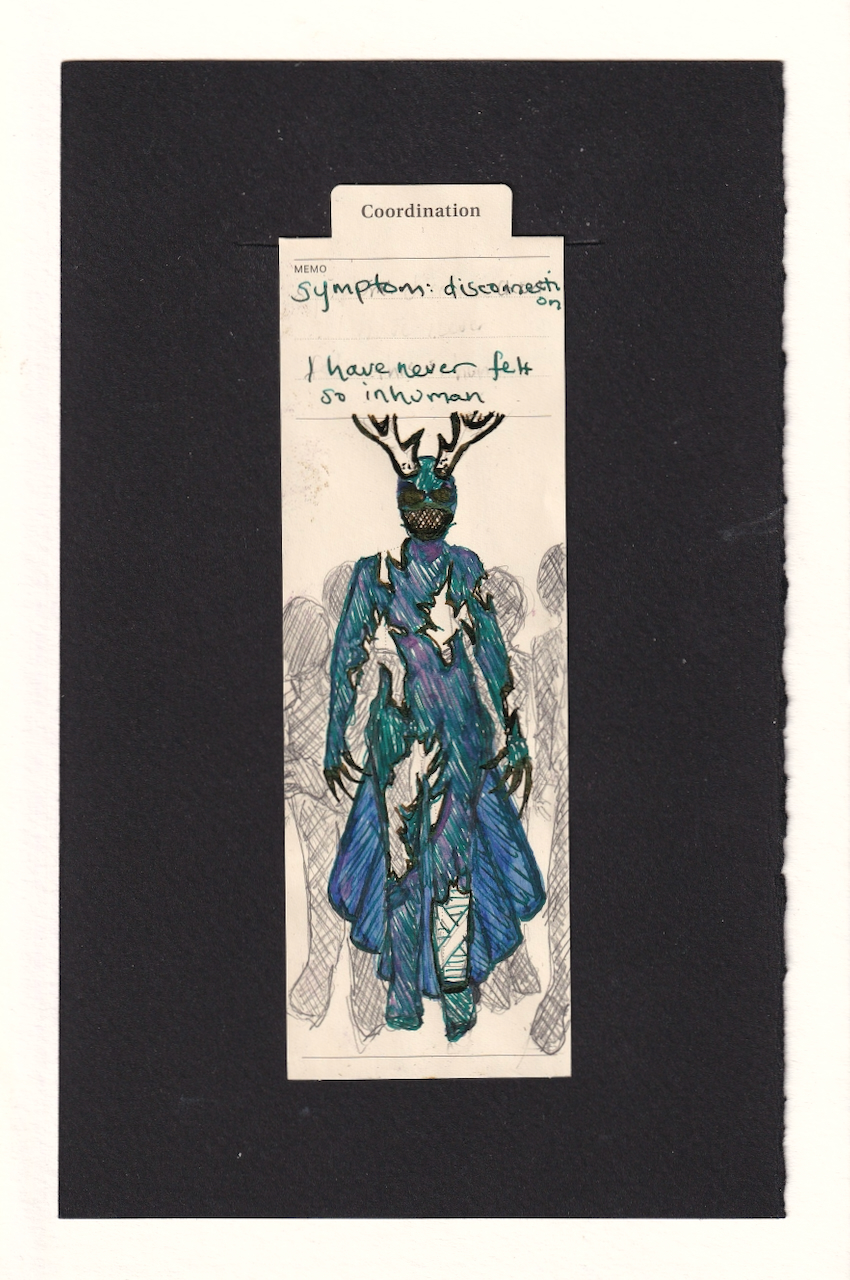 The figure is an otherworldly creature. Their body is only partially visible, pieces have been torn out of it. They have large claws and antlers. Their eyes are dark and their face has a mask on. Their lower body has a tail made out of feathers or pleats. Their left ankle is bandaged. Behind them in light pencil are silhouettes of humans, who also are much shorter than the creature.