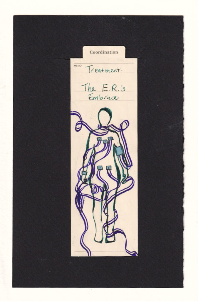 the creme bookmark with an outline of a person has the figure drawn in dark teal ink, with varying line widths. Attached to the figure are light blue iridescent medical equipment: a blood pressure cuff, finger pulse oximeter, and five electrodes placed on the figure's chest. From each of these pieces of equipment flow dark purple cables, which wrap around the figure's limbs in flowing loops and curls. Each piece has two cables, a thick cable and a thin cable, which sometimes loop over each other. There's a sort of hyper-stylized aesthetic to the cables, where they feel more like comforting embracing ribbons rather than restrictive or claustrophobic.