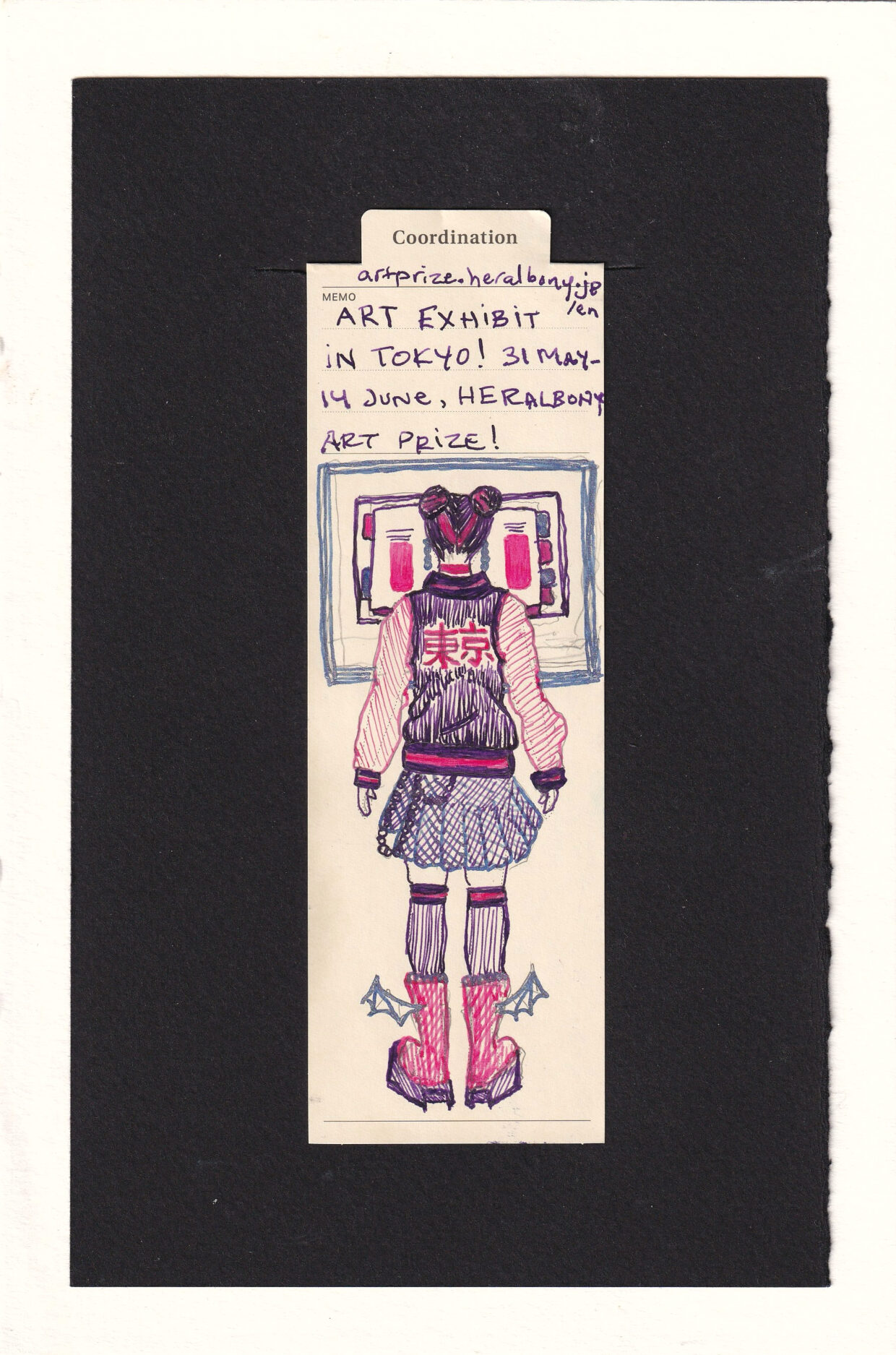 We are looking at a figure from behind, who in turn is looking at some art. The piece is all in three colors, vibrant pink, dark purple, and silver-blue. The figure is wearing Japanese street fashion, including a bomber jacket with the kanji for "Tokyo" on the back, with a mini-skirt with chain, stockings, and Vivienne Westwood boots modified with bat wings attached. Their hair is in two buns high on their head, mostly dark, with streaks of pink. They have a pink choker and silver-blue earrings. The art they are looking at is abstractly rendered as geometric shapes. Two bookmark-shaped pieces frame the figure's head tot he left and right, and are part of a larger rectangular piece.