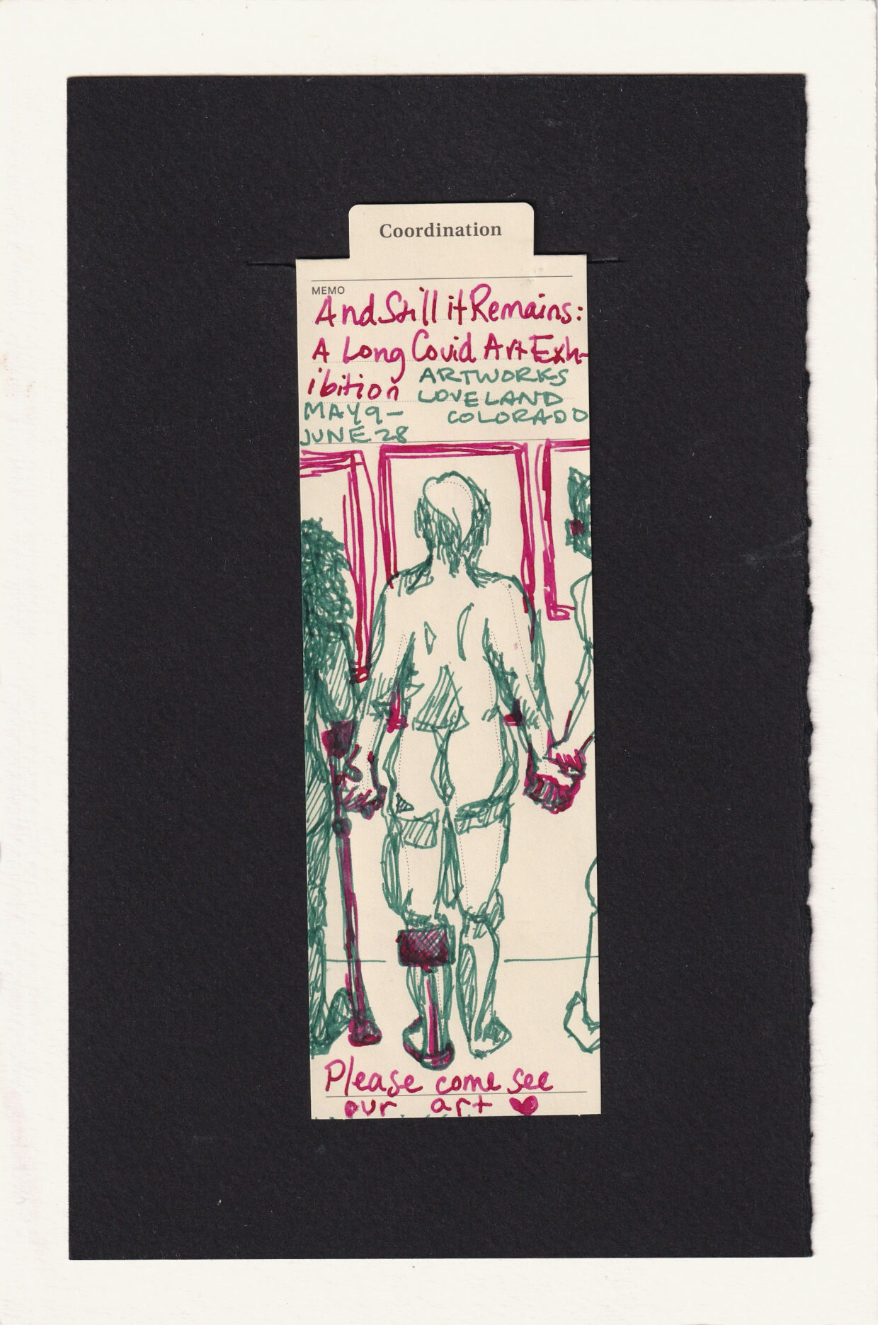 the figure in the center of the bookmark is holding hands with two added figures. The three art nude figures face away from us and look at displayed picture frames. The humans are drawn in green, with bright magenta for the picture frames, their held hands, and accessibility aids. The figure on the left is shorter, with dark skin and long corkscrew-coil hair uses forearm crutches, which are also this vibrant magenta. The center figure has more body fat, light skin and a queer undercut, they have a hybrid prosthetic-orthotic in the same magenta as the art. The third figure has spiked hair, more muscle, and a behind-the-ear hearing aid, also in the magenta.