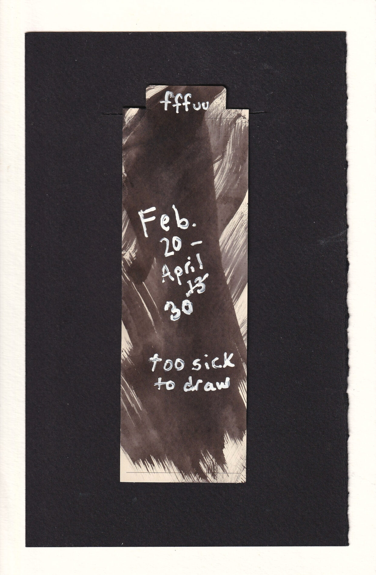 the bookmark with the figure is covered with layers of black ink brushed on. in the center of the black ink reads the caption, written in white. the top, where it usually reads "coordination" has been covered up and says "fffuuu" also in white ink.