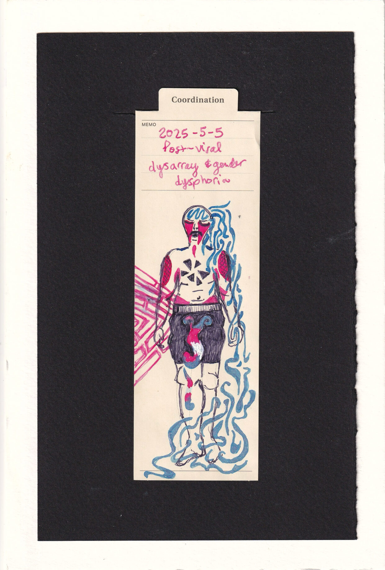 the figure is adorned in bright pink baby blue, and white. A squiggle of blue in their head like a brain turns into a series of cascading blue lines which writhe and wiggle and fall down the figure's side and tangle around their feet. Large diagonal rectangles make an arrow head pointing into the figure's crotch. abstract shapes resembling a uterus and melting drips, in the trans pride flag colors, fall down the figure's leg. There are other details, indluding sharp triangle-like tears under closed eyes, and arrows pointing in at the heart. Some areas of other pain are marked, the throat, outer arms, armpits, and elbow interiors. The figure is shirtless and has some body fat lines, and wears long shorts like boxer-briefs.