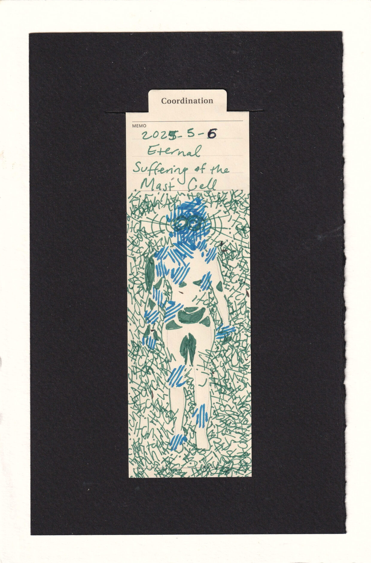 the figure on the manila bookmark's body is coated in clumps of repeated cyan lines like scratch marks. there are the most scratch marks on the head, face, and neck. Surrounding the body are what look like green angular squiggles, but are upon closer inspection the word "itch" repeated all over.