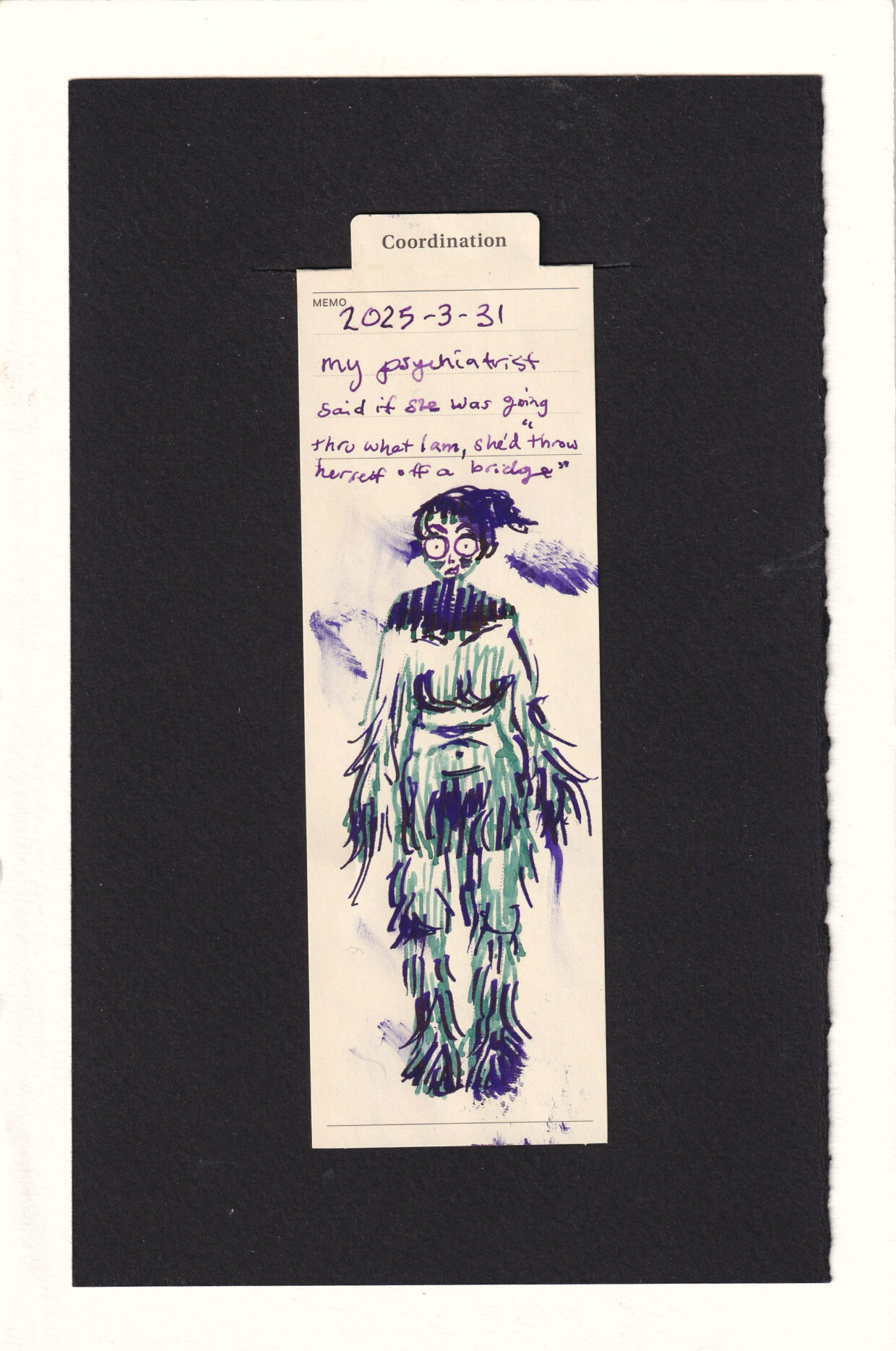 The figure on the manila bookmark is making an incredulous face, with wide eyes and tiny pupils, raised eyebrows, and mouth slightly open. Their body is messy with lines of green and purple layered almost like fur. They have extra dark lines in their neck and shoulders, as well as forehead. There are a half dozen smudges of the deep purple color on the page too.