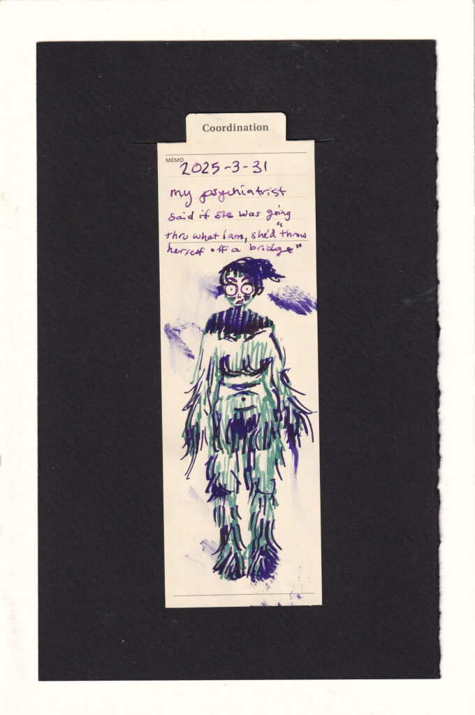 The figure on the manila bookmark is making an incredulous face, with wide eyes and tiny pupils, raised eyebrows, and mouth slightly open. Their body is messy with lines of green and purple layered almost like fur. They have extra dark lines in their neck and shoulders, as well as forehead. There are a half dozen smudges of the deep purple color on the page too.