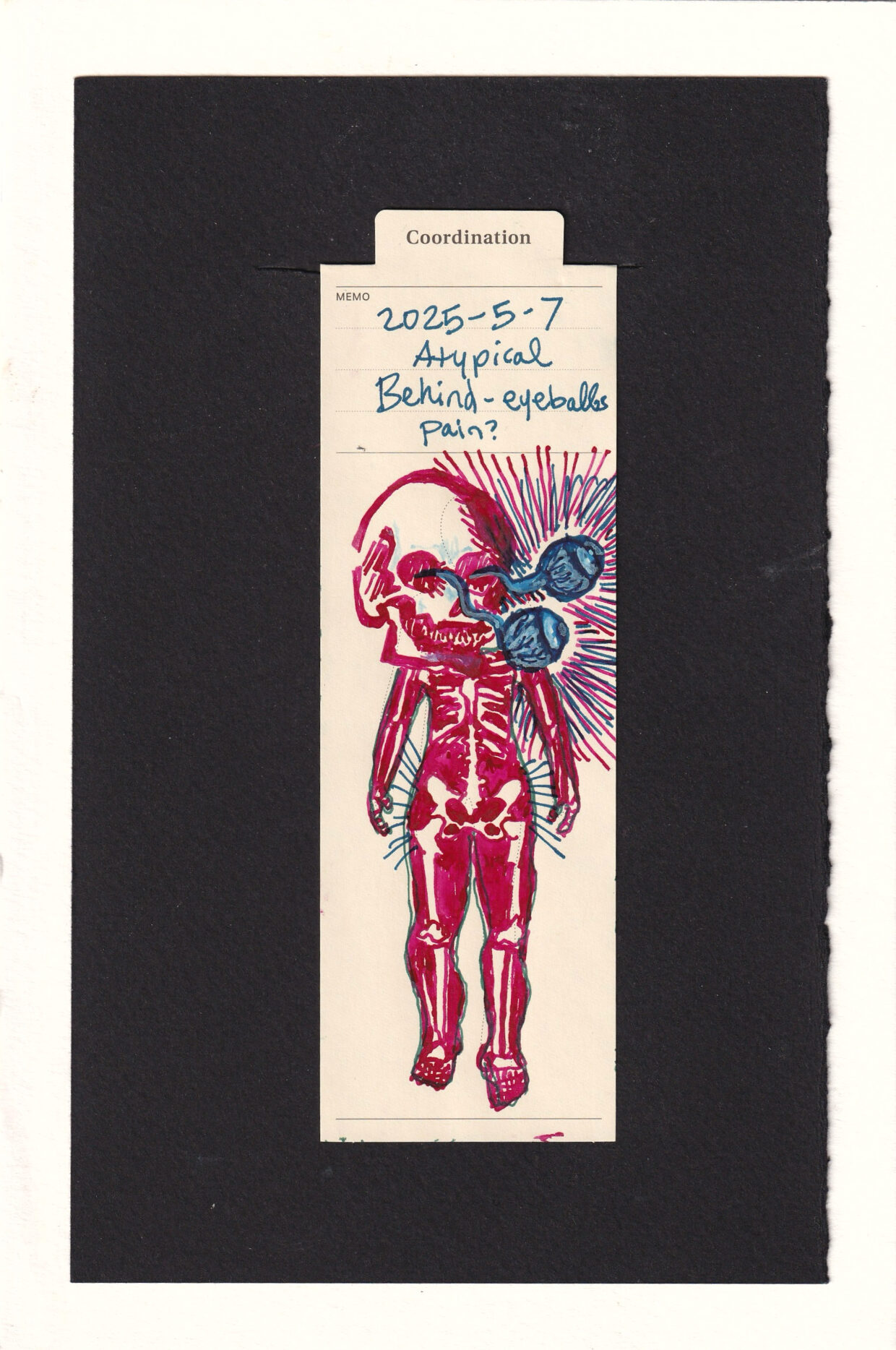 the figure is colored in red-pink, with negative space showing their skeleton. an oversized skull has blue eyeballs with optic nerves yoinked from the eye sockets. a bunch of radiant lines in red-pink and blue surround the eyes.