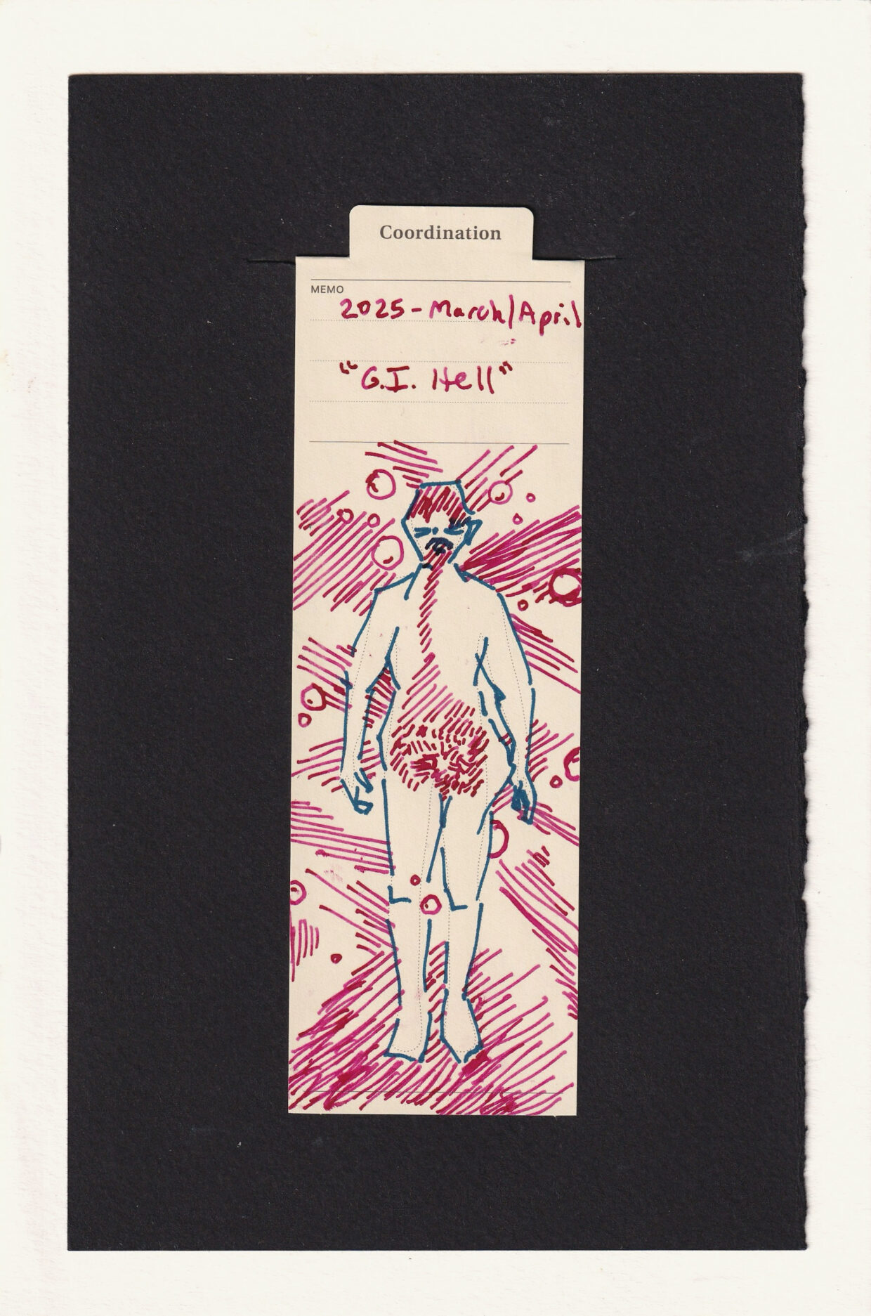 the figure on the manila bookmark is composed of blue angular lines. Their GI system and forehead are drawn in as a series of repeated straight lines in bright fuscia. Surrounding them are more repeating pink lines in different directions, as well as bubbles. The face is screwed up in displeasure.