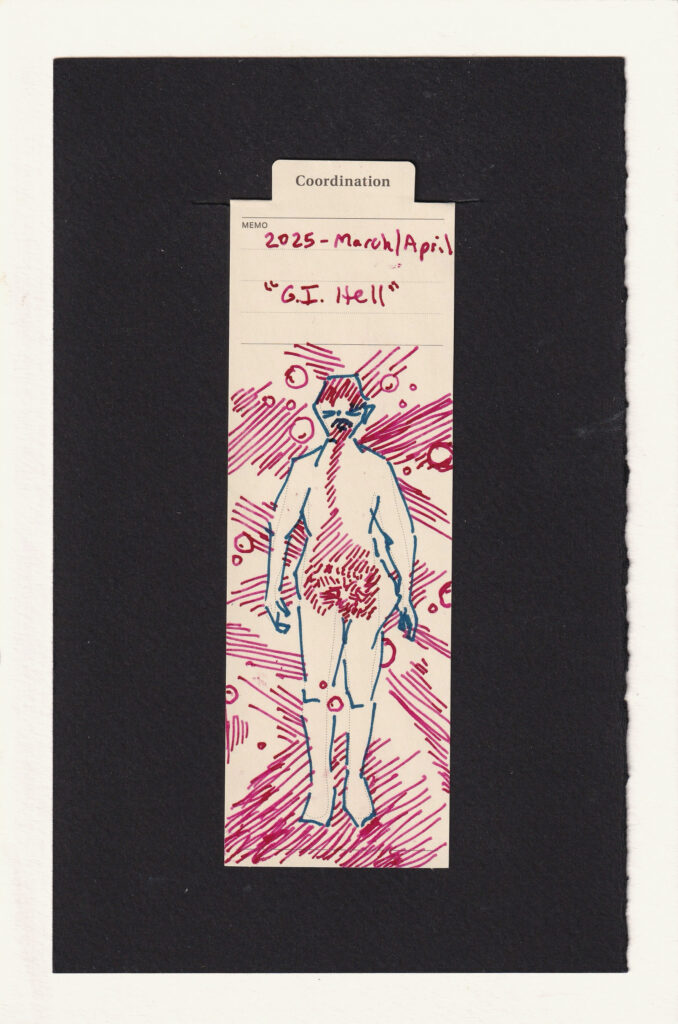 the figure on the manila bookmark is composed of blue angular lines. Their GI system and forehead are drawn in as a series of repeated straight lines in bright fuscia. Surrounding them are more repeating pink lines in different directions, as well as bubbles. The face is screwed up in displeasure. 