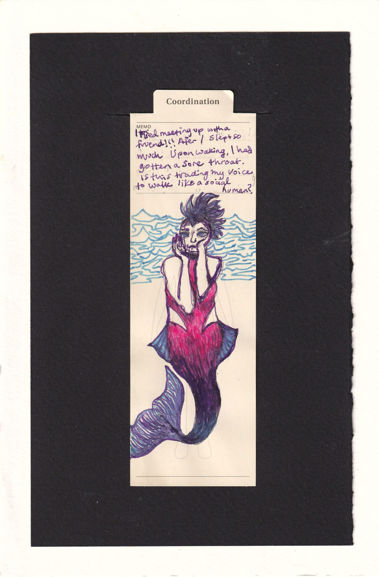 the figure is a mermaid! they have their hands up to their face, and look a bit concerned. Their fishy body goes from bright pink to purple to blue, and the large Caudal fin and two pelvic wings are sky blue and dark purple, with many ribs in them like betta fins. Their hair is in a mohawk and water textures are behind their head neck and shoulders.