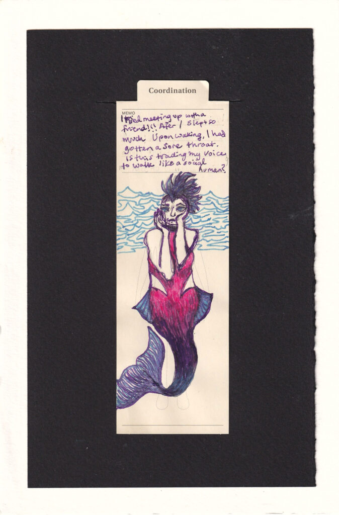 the figure is a mermaid! they have their hands up to their face, and look a bit concerned. Their fishy body goes from bright pink to purple to blue, and the large Caudal fin and two pelvic wings are sky blue and dark purple, with many ribs in them like betta fins. Their hair is in a mohawk and water textures are behind their head neck and shoulders.