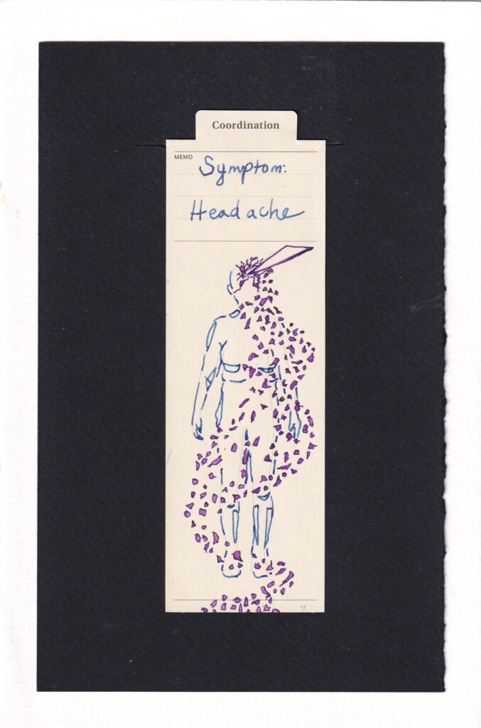 the blue figure has a large sharp purple triangle digging into their forehead. it makes cracks in the head, and from it fall tons and tons of small purple-pink flecks from the body. They make a beautiful shape as they fall, twisting this way and that. The body is only partially rendered, using geometric shapes and a lot of negative space.