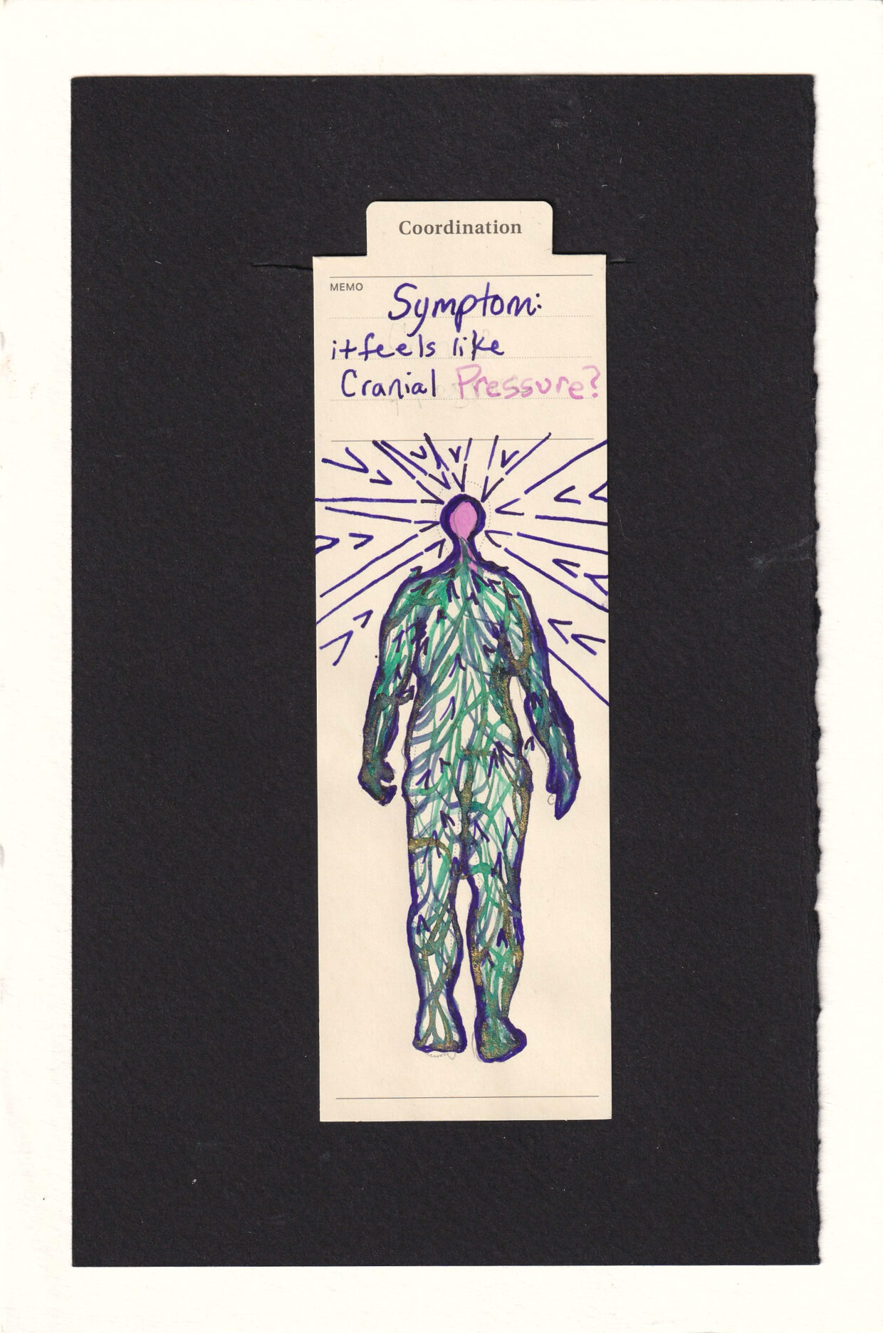 The figure's body is full of blue-green and gold shimmer sweeping lines, adorned with small arrowheads. they all sweep upward to the head, which is atypically tiny and filled with pink ink. Surrounding the head is a pattern made of Vs all pointing in at the tiny head, pushing it in and making it smaller.