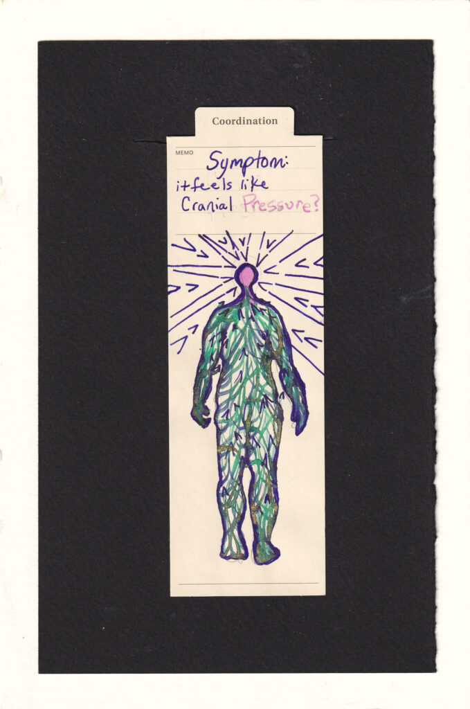 The figure's body is full of blue-green and gold shimmer sweeping lines, adorned with small arrowheads. they all sweep upward to the head, which is atypically tiny and filled with pink ink. Surrounding the head is a pattern made of Vs all pointing in at the tiny head, pushing it in and making it smaller.