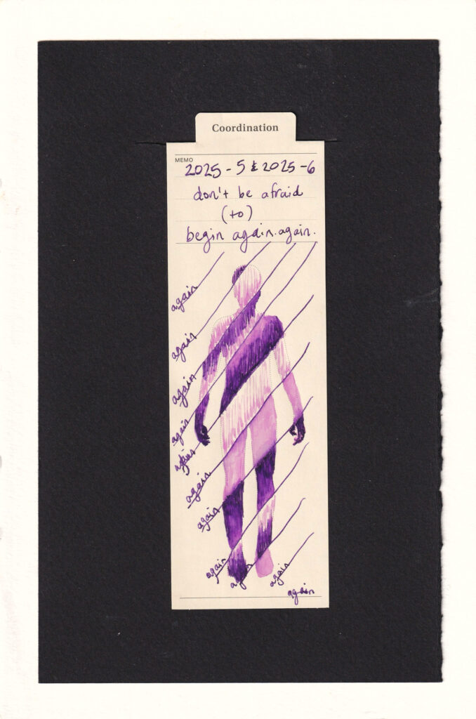 the figure is split by diagonal lines in to a dozen sections. each section is colored a different combination of pink &/or purple in different darknesses. The coloring is done vertically, so the sections look like dripping dye. on the line of each diagonal the word "again" is written in the same hand and ink as the top memo section, where the caption is written. There are 12 lines which each have an again. for good measure, at the very bottom right on a printed line, there's one more "again"
