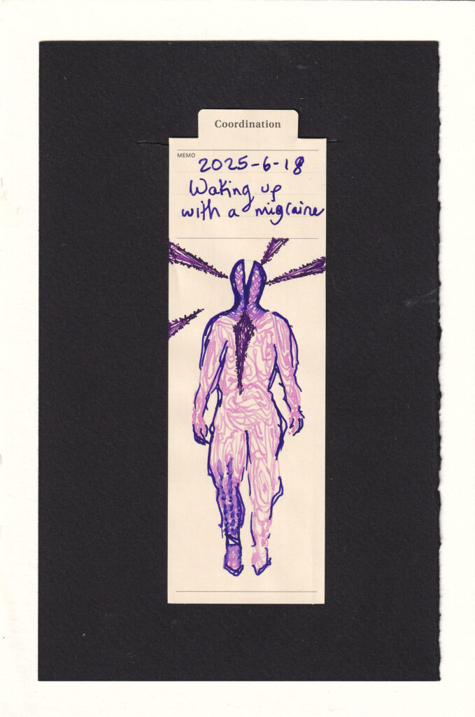 The more curvy-bodied figure on the manila bookmark has a large gash in their head, a triangular empty space incision from the top. Surrounding the opened head are four dark purple spikes with serrated sides. A fifth one is in thir chest, as though it had created the gaping gash in the head, then continued traveling downward.
They are mostly outlined in dark dark blue and full of undulating dreamy pink swirling patterns, almost like wood grain and water swirling. in the head and an ankle the pink blends with the dark blue to create a darker and more saturated color area, almost like they're swollen.