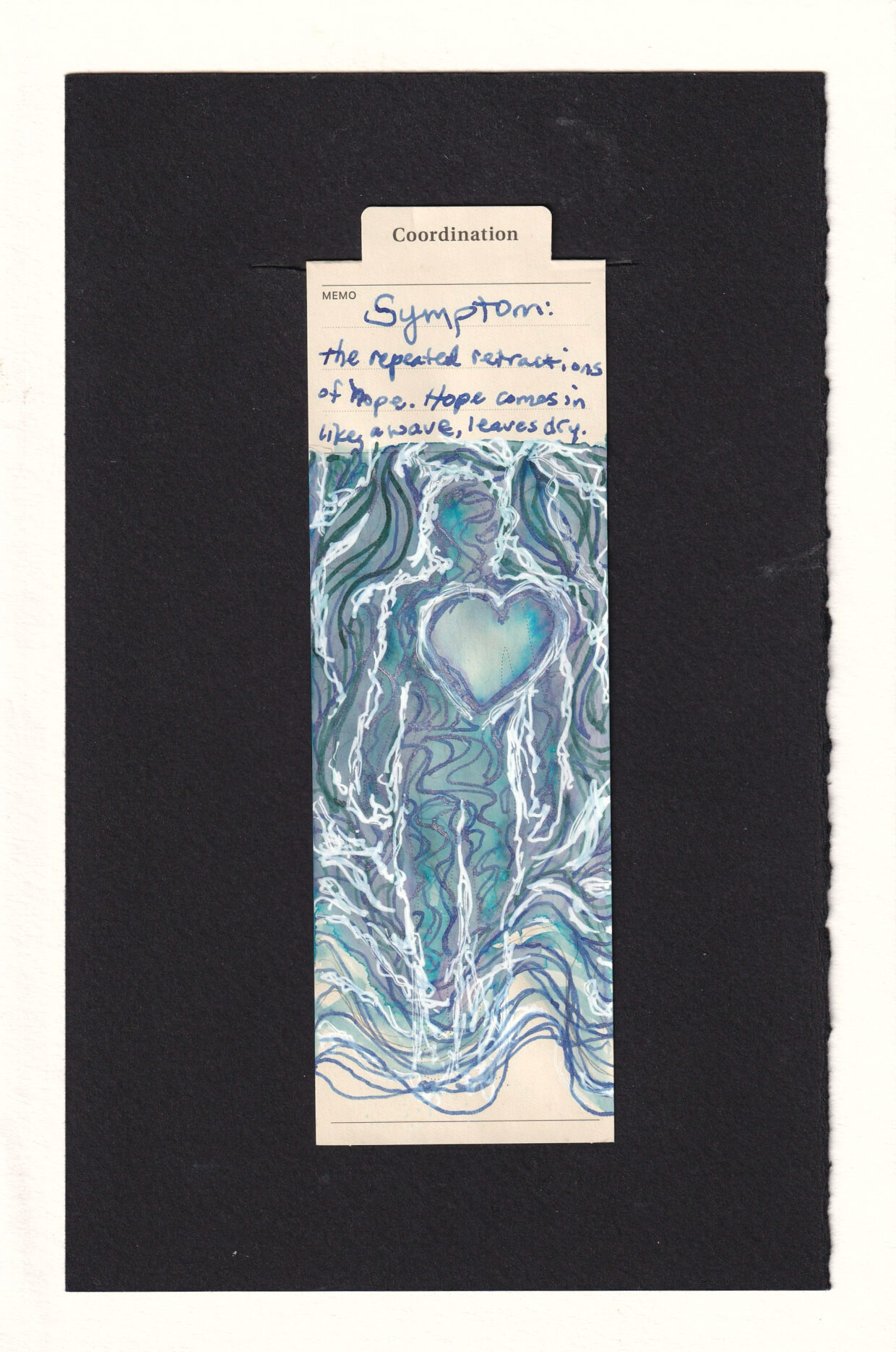 the bookmark is full of waterry shoreline art. Grey-blue with periwinkle and green shapes and white seafoam cover the human and background, washing ashore at the bottom of the bookmark. The white foam makes the shape of a human with an oversized graphic hear shape. The heart has no waves or currents, it is still.