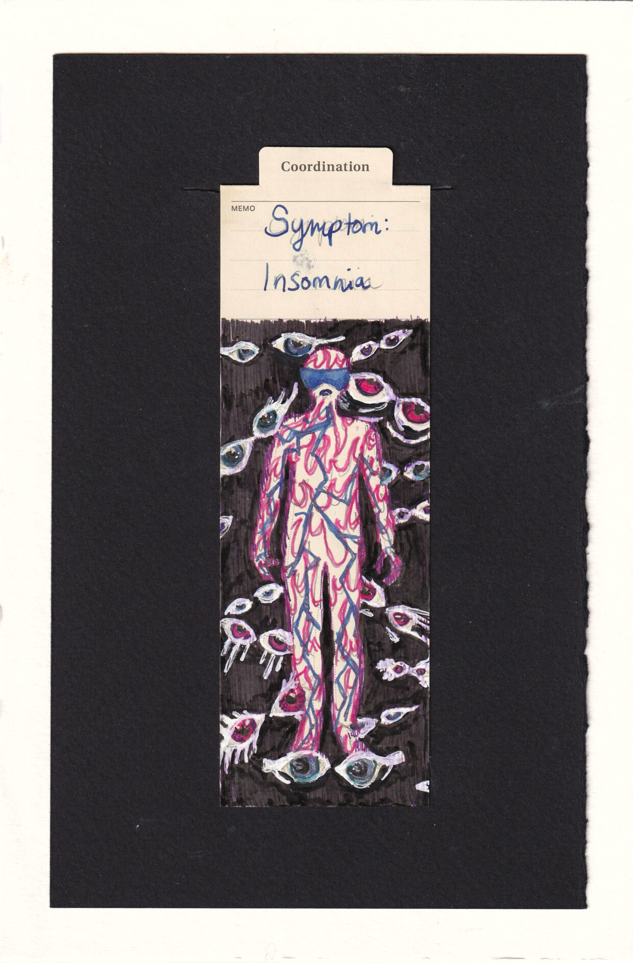 the figure is surrounded by black emptiness and many many eyes. The eyes are in many shapes, often with bags under them. they're in sketchy white and colored pupils to show vs the dark background. The figure has a blue sleep mask on and blue electricity-like jagged lines running through their body. Layers of bright pink abstract shapes that are similar to flames are also filling their body.