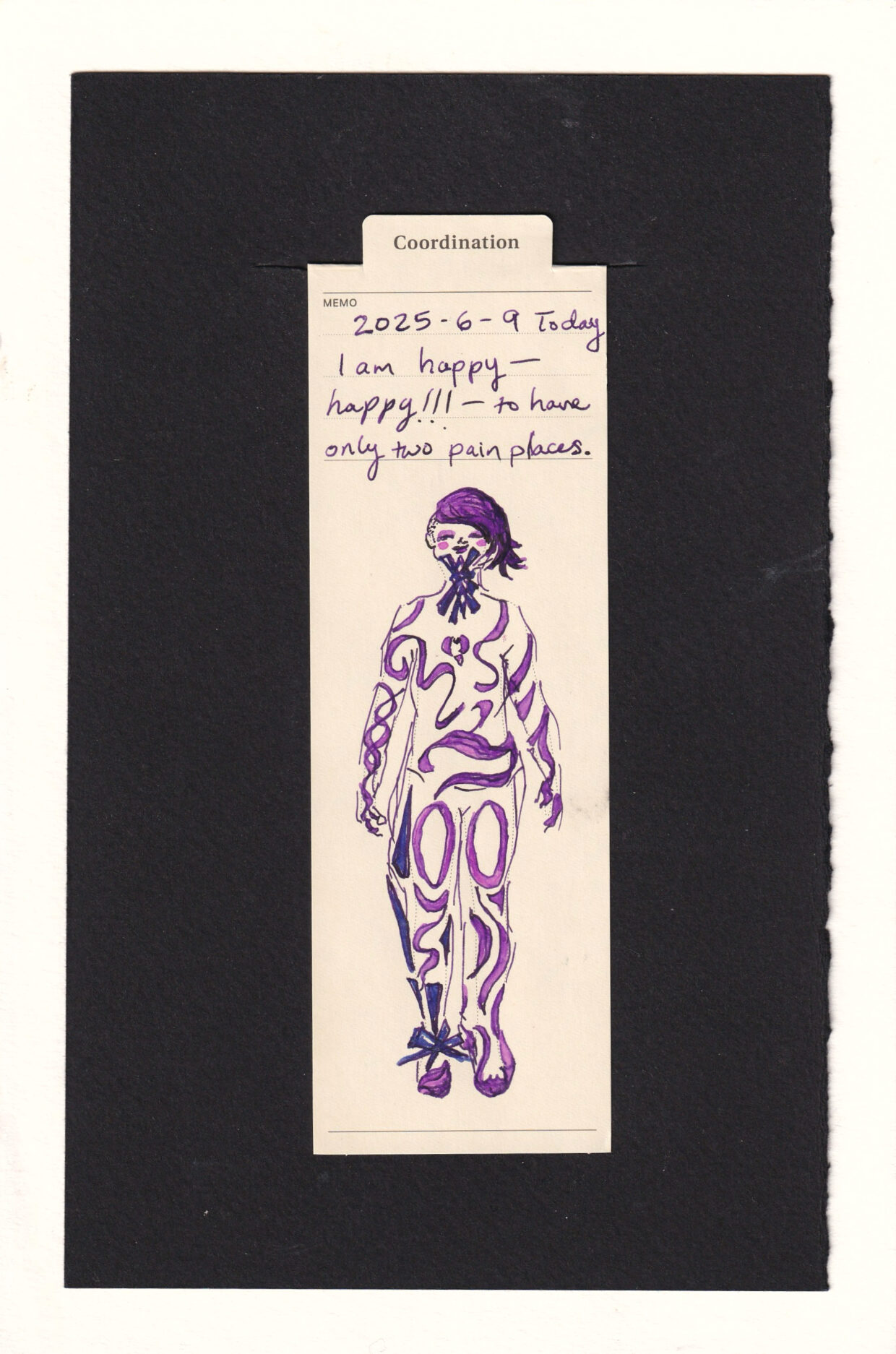 The figure is adorned with warm purple swirling patterns, evoking ribbons. Their throat and ankle have dark indigo spikes intersecting within them, but despite that, the face is contended, happily closed eyes, blush in the cheeks and a smile. they seem to have their head tilted up. their body pose is casual. Some of the dark indigo triangles race up the side of the leg, but even the thigh and upper shin have the curling warm ribbons and the harsh triangles, not one or the other.