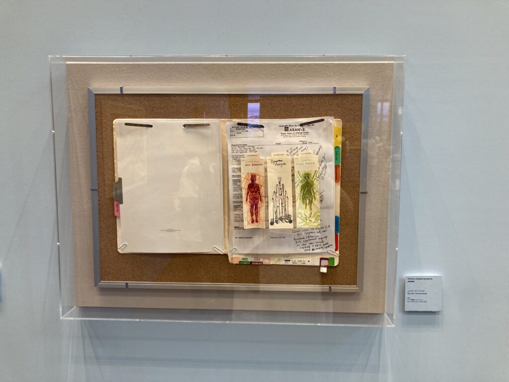 an analog paper medical chart is pinned to a bulletin board. The chart has 3 bookmarks on the front page, on top of medical paperwork. the chart is designed to be interactive and is full of different pages of medical information and illmarks. In this example it is in a protective UV acrylic case on a light blue wall, with a small bilingual placard of art information.