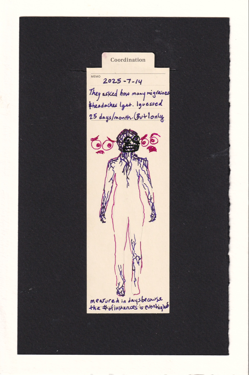 the figure in the center of the bookmark is outlined partially in magenta, and cracking apart. purple craquelature fills their head, neck, and shoulders. the hands are also crumbly. one ankle, and one knee area too. the figure has a dark grimmacing face with lines under their eyes. it's hard to see in the scan, but it reflects green in real life. to the left and right of the head are two other faces, drawn in magenta. One makes a concerned, pitying face by making a tight frown and their eyebrows lowered. The other raises and eyebrow and has their mouth open in frustrated outrage.
