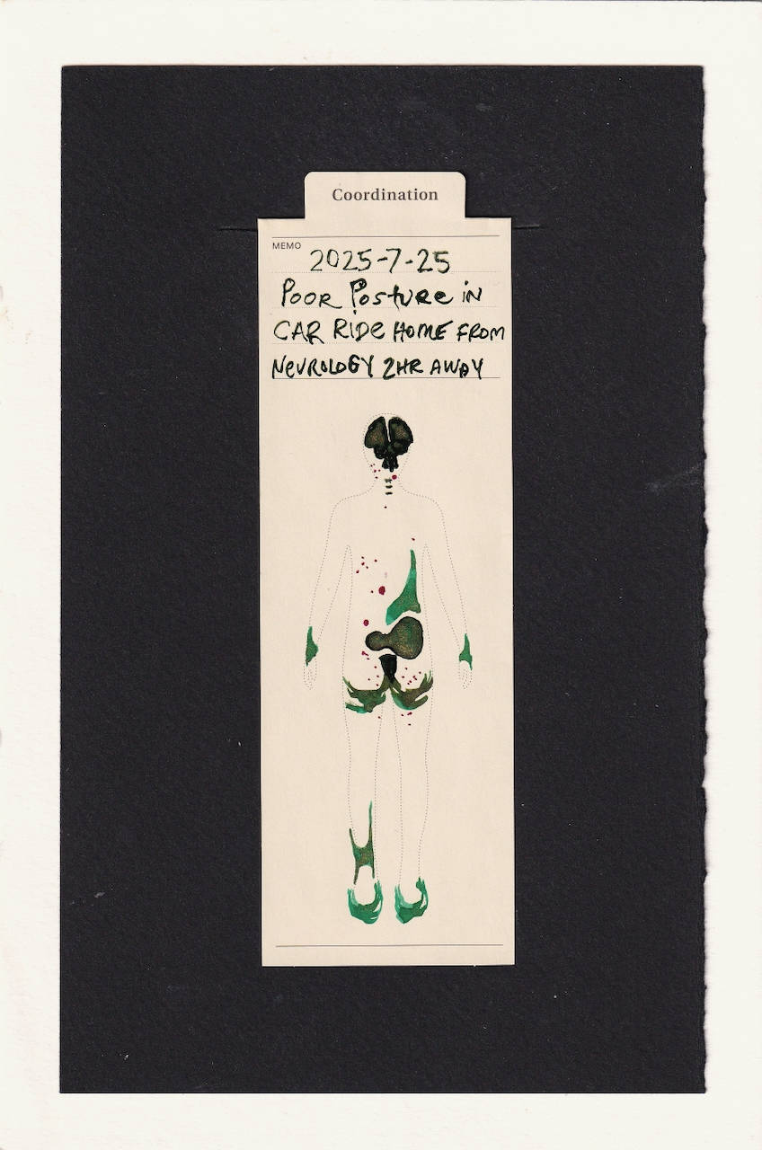 The figure in the center of the manila bookmark is decorated in green and magenta inks. Their lower back has asymmetrical green blobs filled with golden glitter, more on the right side, and sharper shapes in their tailbone. Their butt is drawn in many layers. Their brain and brain stem is visible in dark dark green and gold shimmer. They also have back and butt acne in magenta. Their wrist and ankle joints have similar curving and stretching green-blue shapes as the right side of the back. Their feet are sea foam green and drawn in many layers as well, like the butt, both indicating blood pooling, gravity, the weight of them resting on surfaces.