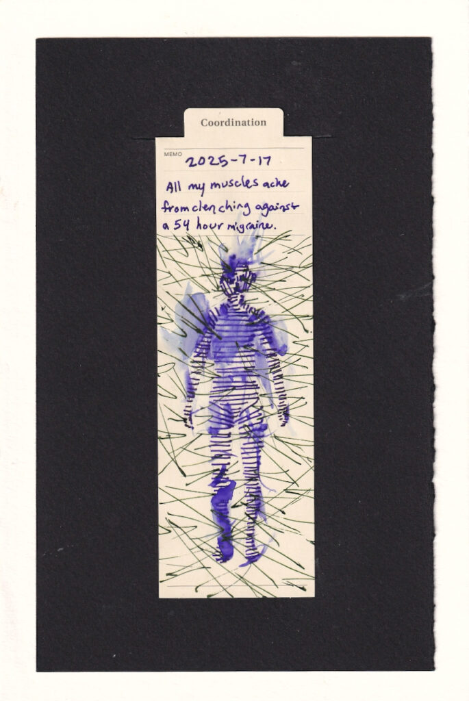 the figure in the center of the bookmark is made out of mostly-horizontal dark purple lines. These have been blurred and smudged, in many areas of the body as the ink turns into purple-blue liquid and smears. Surrounding the figure are a bunch of thin dark green angles, most pointing inward towards the figure. Many of them puncture the figure's body.