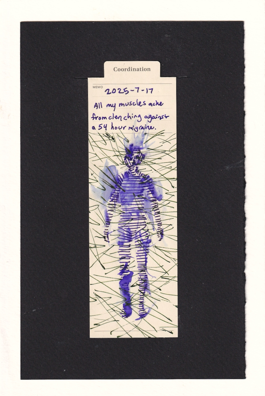 the figure in the center of the bookmark is made out of mostly-horizontal dark purple lines. These have been blurred and smudged, in many areas of the body as the ink turns into purple-blue liquid and smears. Surrounding the figure are a bunch of thin dark green angles, most pointing inward towards the figure. Many of them puncture the figure's body.