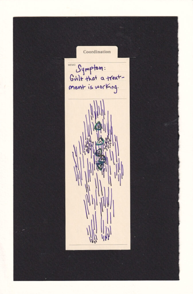 the figure in the center of the bookmarks is rendered abstractly from a bunch of slightly slanted vertical lines. So many lines, of varying lengths, bearing down on the figure. Or rising up from the figure. Within those lines, starting at the rough mouth-area, and continuing downward are 5 triangular shapes, outlined in a teal ink with gold shimmer, and marked with an "s" in reflective ink.