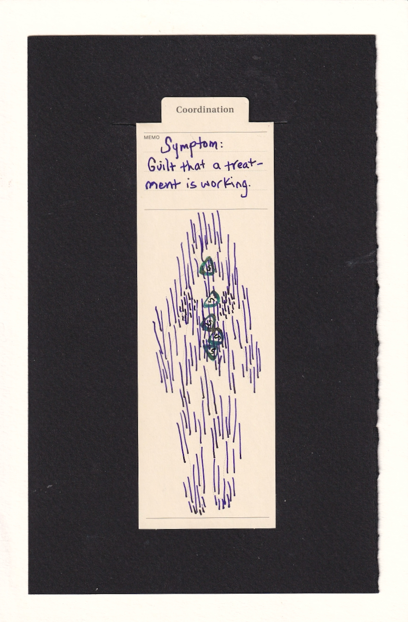 the figure in the center of the bookmarks is rendered abstractly from a bunch of slightly slanted vertical lines. So many lines, of varying lengths, bearing down on the figure. Or rising up from the figure. Within those lines, starting at the rough mouth-area, and continuing downward are 5 triangular shapes, outlined in a teal ink with gold shimmer, and marked with an "s" in reflective ink.