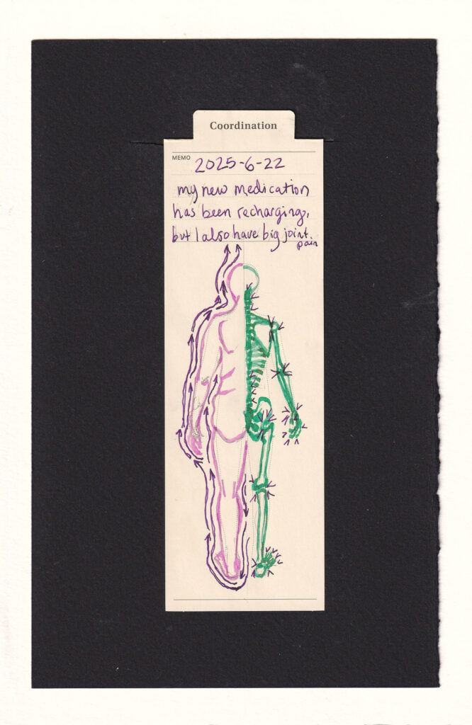 The figure on the manila bookmark is split down the middle in two sections. The left side, showing the back of a human with back rolls. long, wavy, small arrows wrap them, running upward, along the sides of their arm and body, and continuing off the head. On the right half is the figure's skeleton, drawn in green. small arrow heads are seen pinching in on their joints