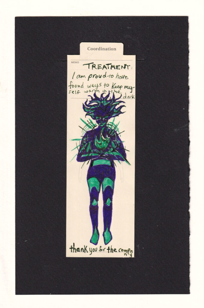the figure in the center of the bookmark holds a turquoise flame in their palms at chest-height. It radiates and beams. The figure is mostly dark indigo, but the turquoise light hits the bottom of their face, the tops of their eye sockets, their arms, and down the tops of their body parts. Their hair is wild and blowing magically, it too has the turquoise light. The scan didn't capture it well, but the turquoise has golden shimmer particles in it, and the dark green radiant lines and hair, face, and fire details reflect vibrant glowing metallic emerald in the light.