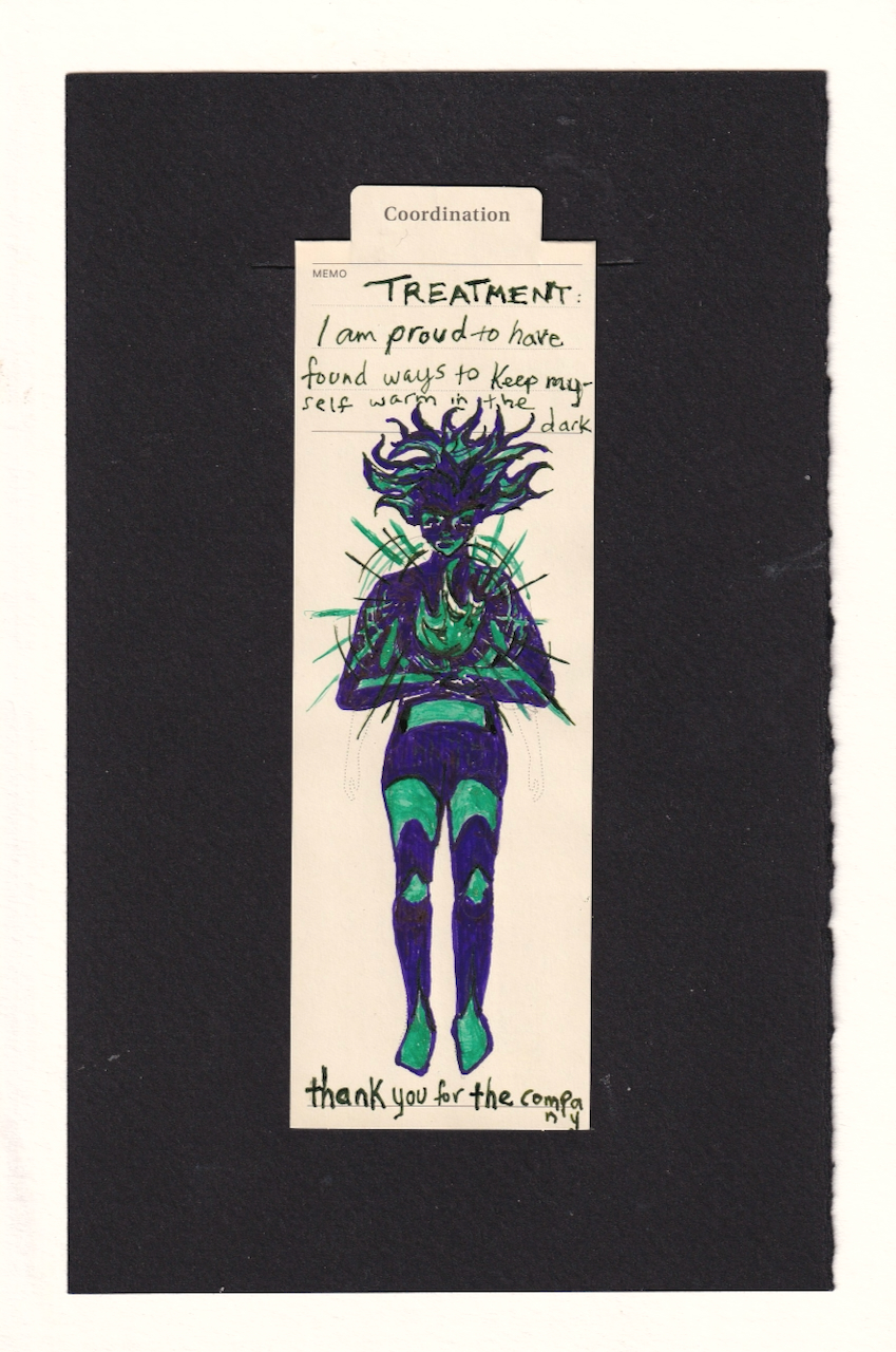 the figure in the center of the bookmark holds a turquoise flame in their palms at chest-height. It radiates and beams. The figure is mostly dark indigo, but the turquoise light hits the bottom of their face, the tops of their eye sockets, their arms, and down the tops of their body parts. Their hair is wild and blowing magically, it too has the turquoise light. The scan didn't capture it well, but the turquoise has golden shimmer particles in it, and the dark green radiant lines and hair, face, and fire details reflect vibrant glowing metallic emerald in the light.