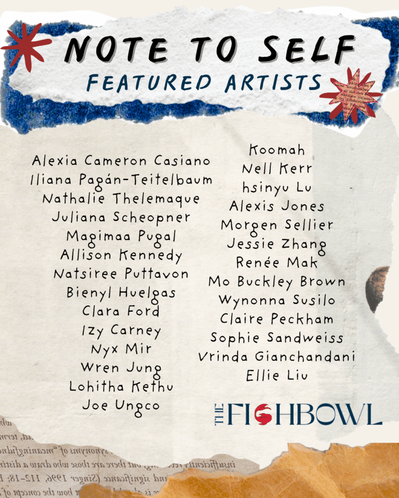 announcement image for the art exhibit "Note To Self" at The Fishbowl in Seattle. 27 artists are listed by name.