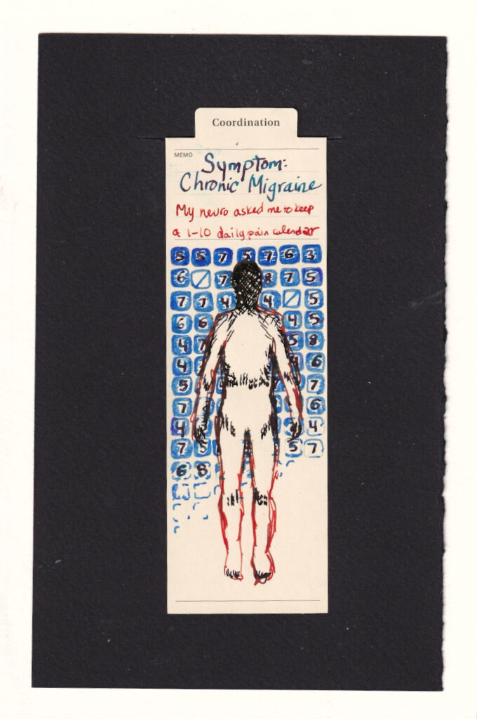 Behind the shape of a human on a bookmark are dozens of tiles with numbers on them. Most of the numbers are from 4-7/10, but there are some 3s and 8s, as well as a few with /s through them . the figure is outlined in red, and their head is hatched in with dark ink lines, which continue down the neck and shoulders. Other areas of the body, especially joints have hatches as well. Almost every day of the calendar behind the figure has a number in it. there is barely any respite. 