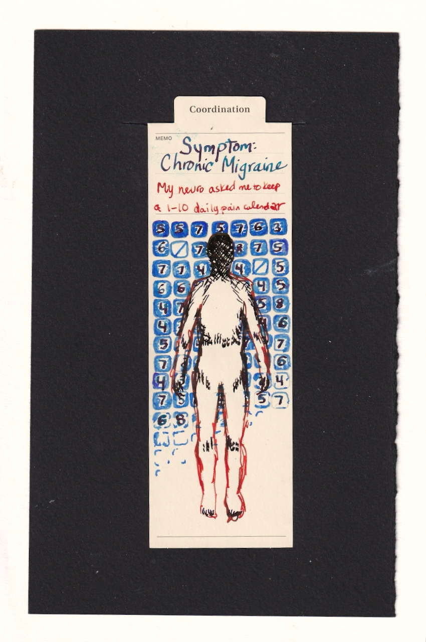 Behind the shape of a human on a bookmark are dozens of tiles with numbers on them. Most of the numbers are from 4-7/10, but there are some 3s and 8s, as well as a few with /s through them . the figure is outlined in red, and their head is hatched in with dark ink lines, which continue down the neck and shoulders. Other areas of the body, especially joints have hatches as well.