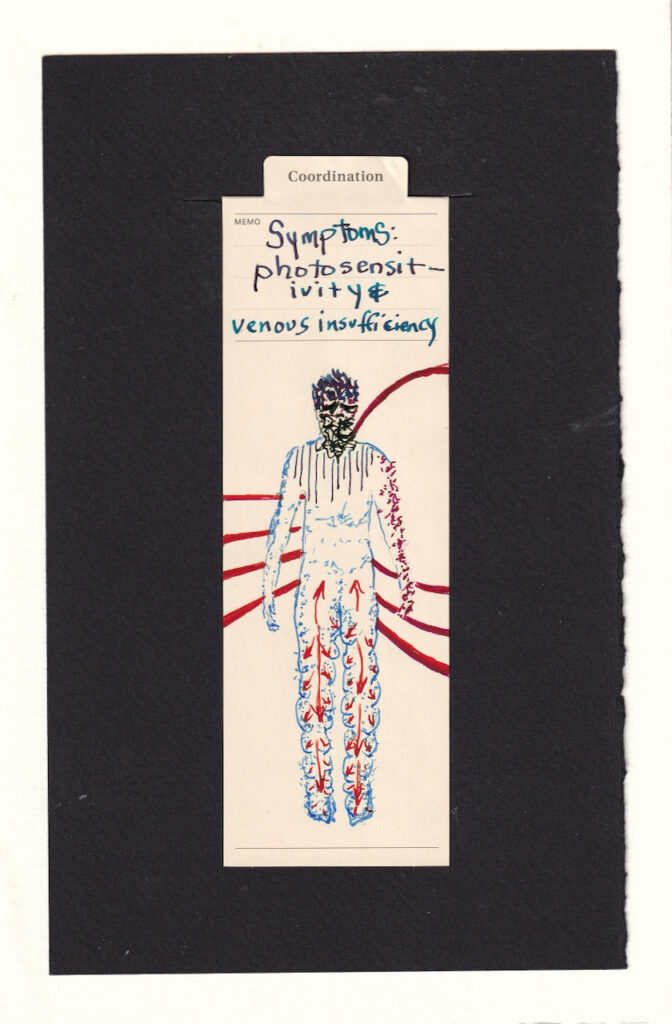 The figure in the center of the manila bookmark is outlined in pale blue and colors in different saturated colors and textures. On their left arm are a bunch of deep magenta hives. Behind them is a radiant magenta concentric circle, from which red beams branch, perhaps invoking light. the rest of their body is outlined in pale blue, and filled with blue speckles. The legs have red arrows flowing down them, then spreading out to the sides. the blue speckles follow the patterns of these arrows, and get stuck in the legs. The face and chest have other different abstract textures of different sensations of discomfort.