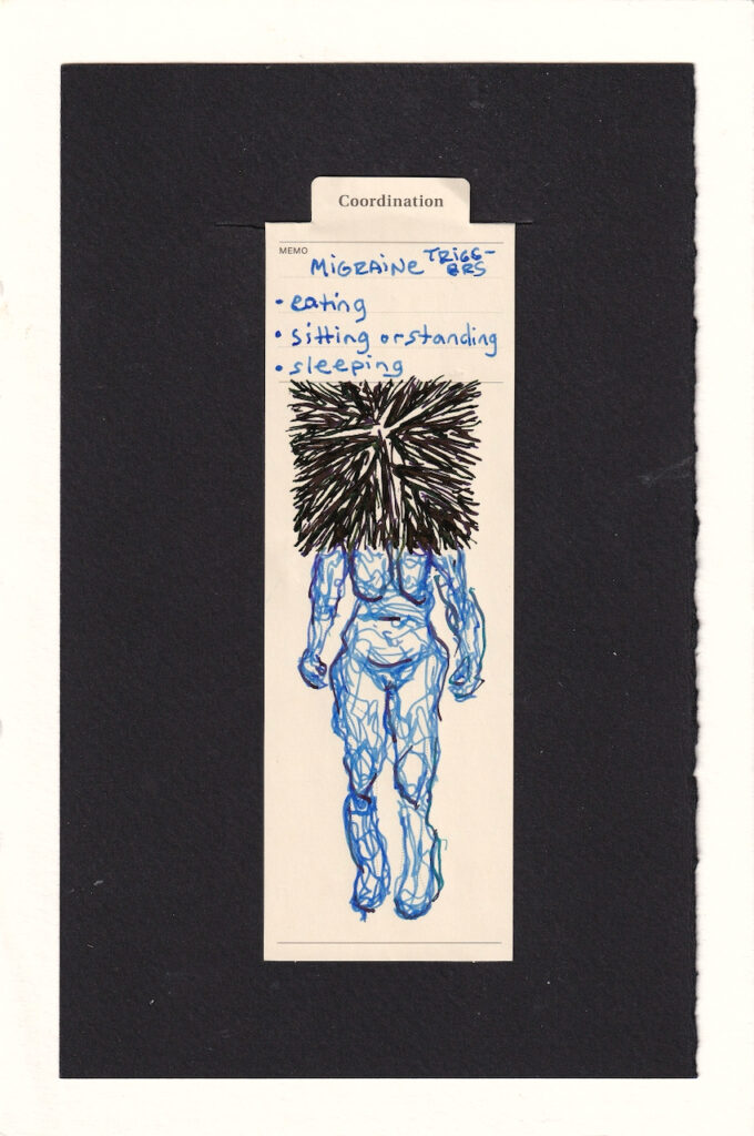the figure in the center of the manila bookmark is drawn in with wobbling, curvy scribbling blue lines from below the shoulders down. the line work is asymmetrical and incomplete, unsteady. resting where the head neck and shoulders of the figure would be are a large dark mass of jagged lines. they all angle inward, and form the implied shape of a giant square block. the jagged lines all angling inward like a burst evoke porcupine quills or an angry metal firework. the mass is large, and weighs heavily on the figure