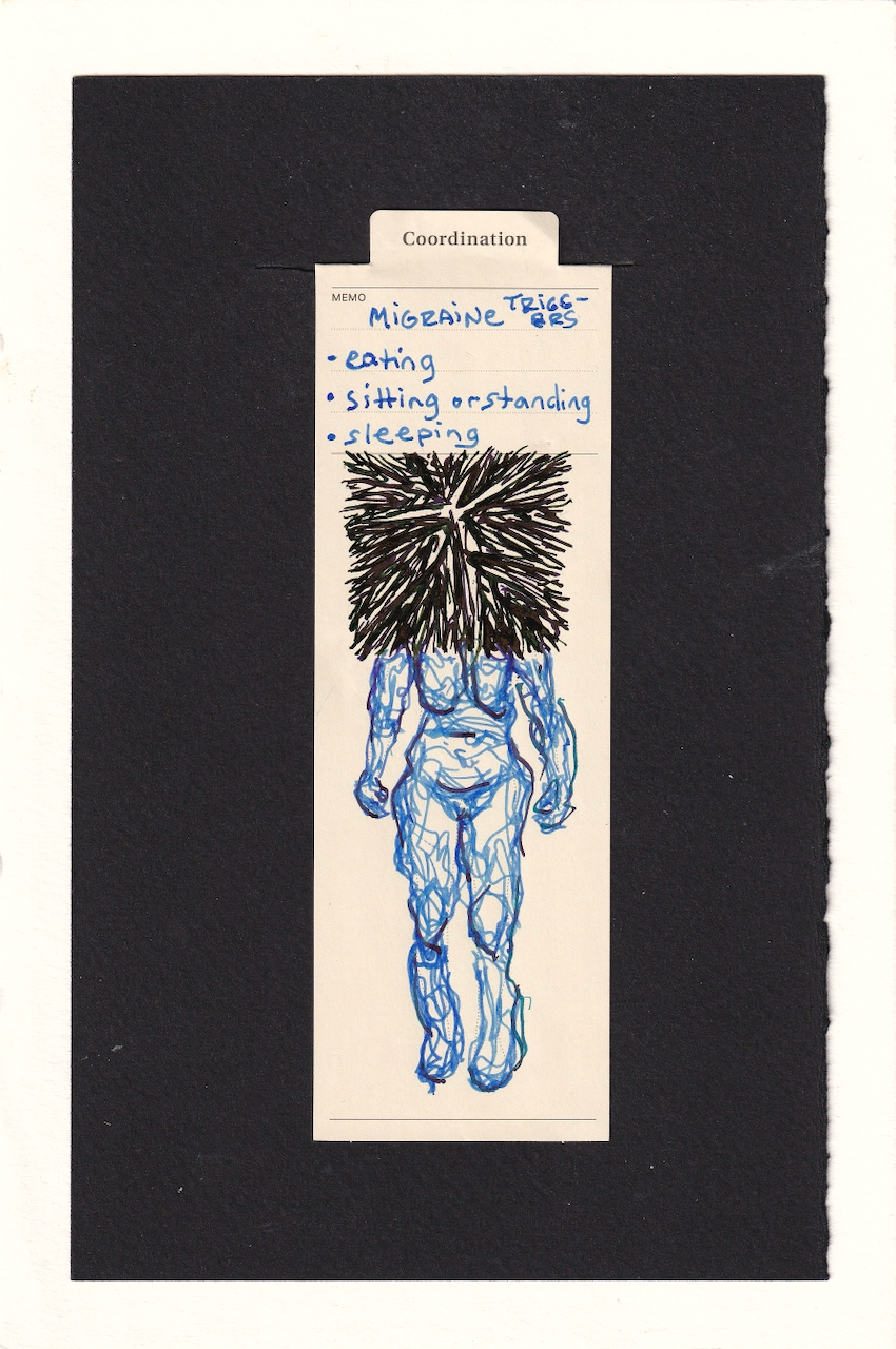 the figure in the center of the manila bookmark is drawn in with wobbling, curvy scribbling blue lines from below the shoulders down. the line work is asymmetrical and incomplete, unsteady. resting where the head neck and shoulders of the figure would be are a large dark mass of jagged lines. they all angle inward, and form the implied shape of a giant square block. the jagged lines all angling inward like a burst evoke porcupine quills or an angry metal firework. the mass is large, and weighs heavily on the figure
