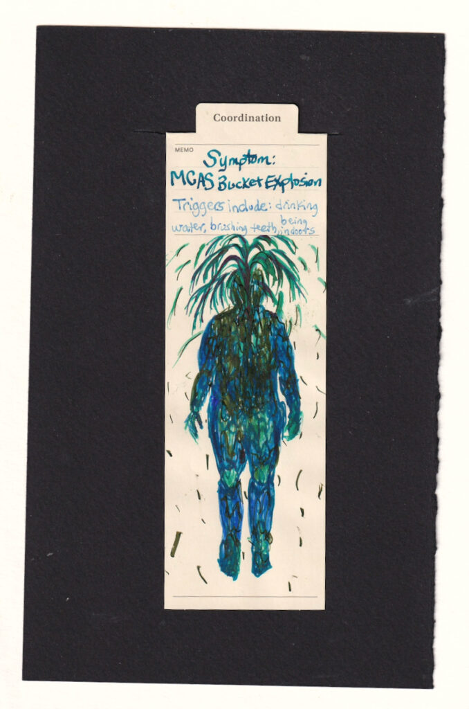 the manila bookmark has a figure of a human on it, and their body is full of blues and greens, including sludgy/bubbling textures and toxic colors. An eruption comes out of the top of their head, and rains down around them. The inks are simultaneously dry and overworked, scratchy and bleeding in the paper, unclean outlines and discomfortable body shapes. 