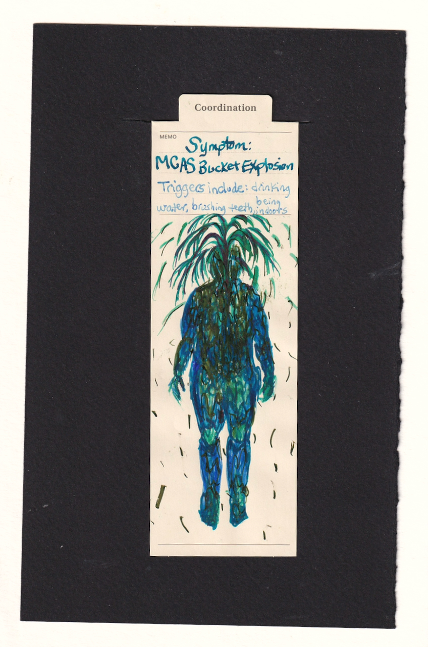 the manila bookmark has a figure of a human on it, and their body is full of blues and greens, including sludgy/bubbling textures and toxic colors. An eruption comes out of the top of their head, and rains down around them. The inks are simultaneously dry and overworked, scratchy and bleeding in the paper, unclean outlines and discomfortable body shapes.