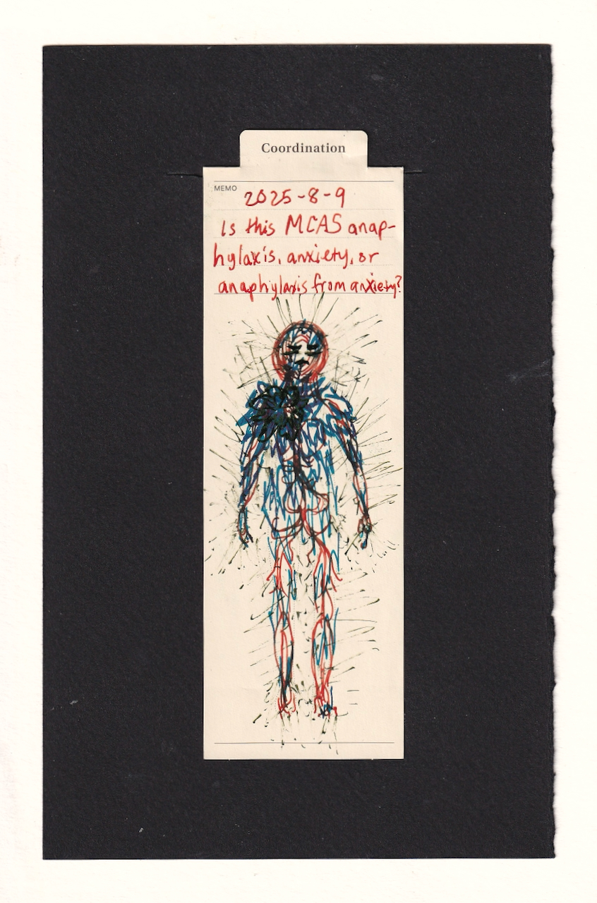 the figure in the center of the bookmark is made up of layers of three different inks. a thin lined red ink roughly evokes the circulatory system of the body, and in the face makes concentric pulsing rings. a chiseled dark teal ink starts with jagged reflection of a high heart pounding, bursting, exploding, almost tearing through the paper. the lines echo throughout the body, slowly becoming thinner, slowly further more spread apart. lastly a dark green of varying thicknesss. there's a screwed up face, and then all around the body, flicking up and down around off of it in a frantic are thin thin pale lines almost like the feeling of bugs or something that can't be chased away the feeling the something's there it's all around and from multiple angles what is going on what the fuck is it