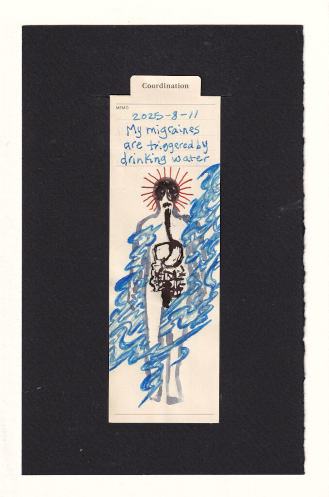 the human figure in the center of the bookmark has a scratchy black and red shimmer ink hatched brain, mouth (frown) esophagus and GI system. poking into their head is sharp variating darkness thin spikes of red. diagonally behind them, and wrapping around parts of their limbs are water textures which almost look like smoke, or tendrils, or tangles of something impossible to escape. they're beautifully colored and a smooth contrast to the sharp of the stabby halo of red or the etchy red thick GI tract but there's just a certain something in how they wrap around so very much of the body so deftly and ... dangerously ?