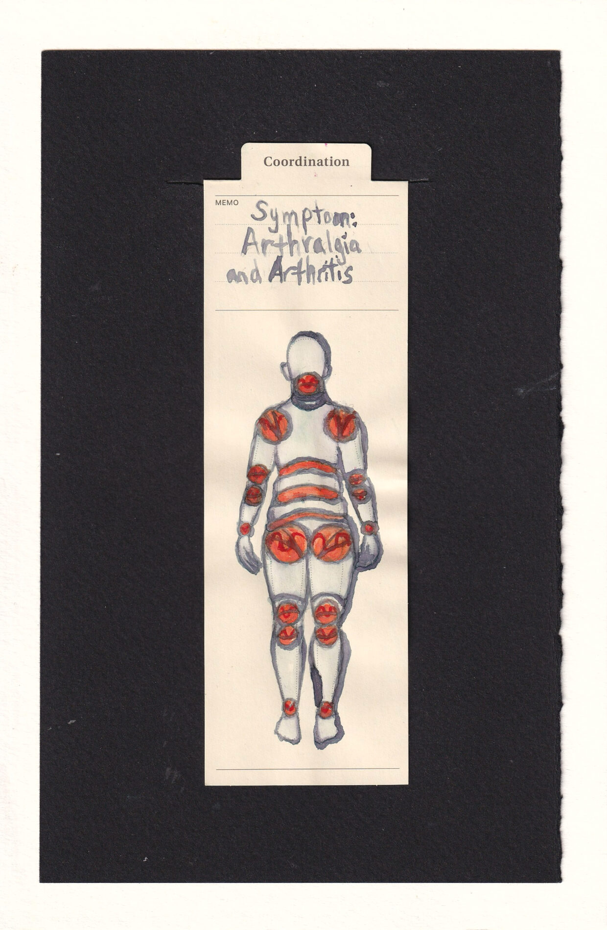 there is a manila bookmark and the figure in the center is a human , with their joints in orange, like a ball-jointed doll or a crash dummy. The details on the joints are red. the components of the body are made out of purple-grey, and the parts of the body are lighter purple-grey. the figure has no face or fatures, just the fibrant orange red joints , of which there are many, more than we think of for an average human, two at each knee, two at each elbow, the shoulders and hips are large, the abdomen has 3 large joints going all the way across to give a range of motion, the neck, ankles, and wrists are also jointed. areas of the body including below the knees and over the neck also have grey lavender lines depicting the components of this doll person. it's hard to see in the scan, but the grey purple has iridescent shimmering particles in it irl, giving a somewhat ephemeral otherworld ly nature to this being. these components have a power to them and a kinetic energy, a life force. and yet by the colors, they burn.