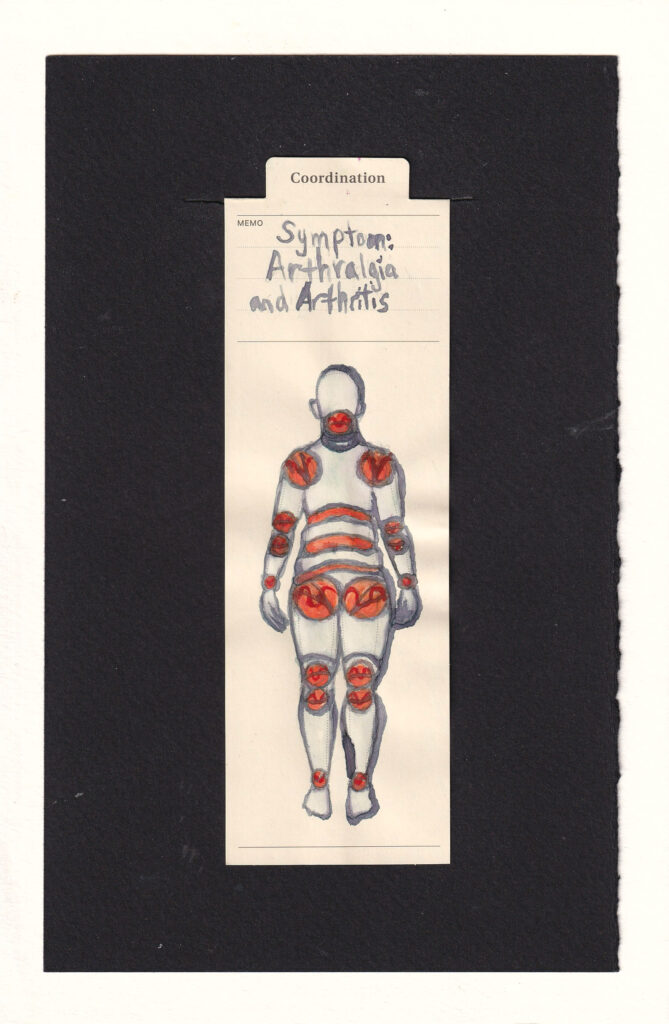 there is a manila bookmark and the figure in the center is a human , with their joints in orange, like a ball-jointed doll or a crash dummy. The details on the joints are red. the components of the body are made out of purple-grey, and the parts of the body are lighter purple-grey. the figure has no face or fatures, just the fibrant orange red joints , of which there are many, more than we think of for an average human, two at each knee, two at each elbow, the shoulders and hips are large, the abdomen has 3 large joints going all the way across to give a range of motion, the neck, ankles, and wrists are also jointed. areas of the body including below the knees and over the neck also have grey lavender lines depicting the components of this doll person. it's hard to see in the scan, but the grey purple has iridescent shimmering particles in it irl, giving a somewhat ephemeral otherworld ly nature to this being. these components have a power to them and a kinetic energy, a life force. and yet by the colors, they burn.