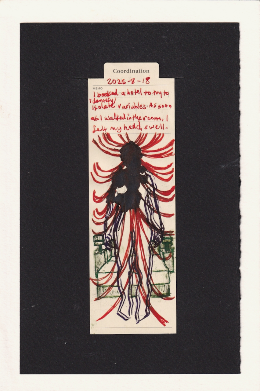 the human in the center of the bookmark has their head and parts of their upper body obscured by a dark ink with dark red particles in it. Tons of red lines come in from all sides, swooping up into the dark ink parts of the body. the rest of the figure is outlined in deep purple dual lines, giving a sort of instability. behind them in dark green is a generic contemporary hotel bed with two night stands and lamps.