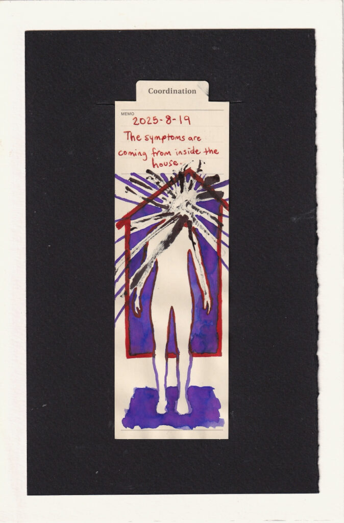 the figure on the bookmark is silhouetted in outline vs the shape of a house, outlined in red and filled with purpley blue textures. the head of the figure, angled to the side, is attacked from all angles with dark rough textures of inky depths with red/rust particles, and purple angular lines pointing inwards, and breaking past the lines of the house. the figure stands on a square of purple ink as well, which balances the composition