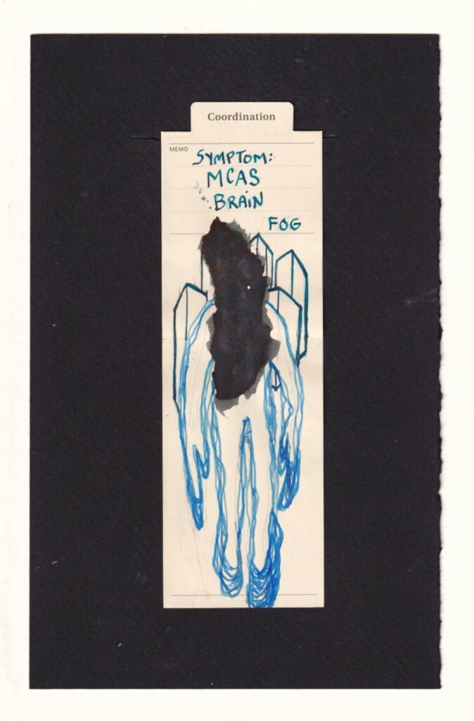 the figure in the center of the bookmark is stretched and elongated, long limbs dripping in many layers. the center of the body and up over the head is obfsucated by smudgy dark ink with rust-colored particles inside it. Behind the figure are tall angular geometric shapes set in dramatic perspective. 