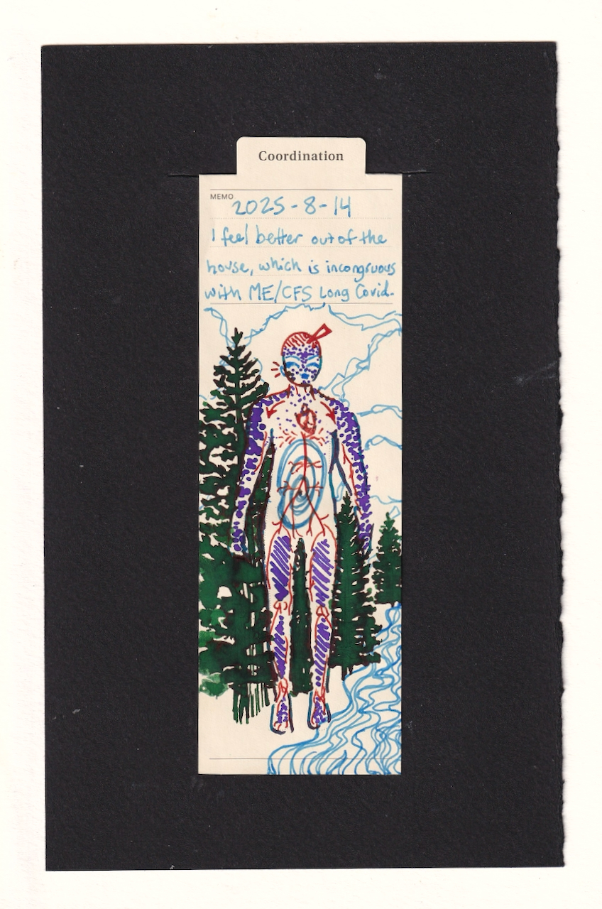 a manila bookmark, which has been adorned with vibrant inks. a human stands in the center, purple blotches covering their arms and shoulders, hatches down their legs. They smile happily, yet a red spike is in their forehead, and furthere red along their jawline and ear. a swirling center in their chest and a loosely implied circulatory system. they stand allongside a body of water, with evergreen trees behind them.