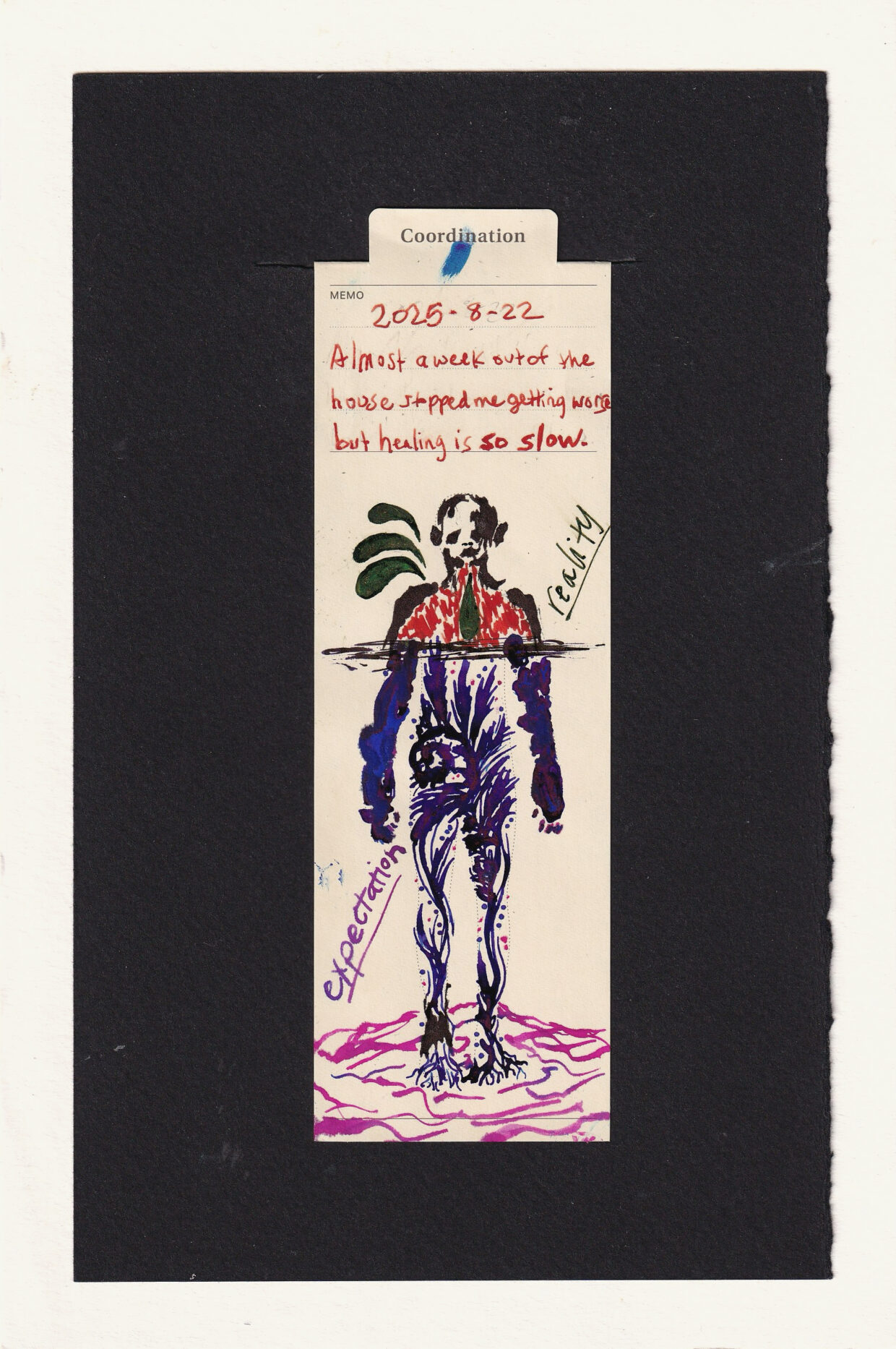 the figure is divided horizontally. The top half contains scratchy dark ink outlines of a head shoulders and Face the Head and eye areas are especially dark as though somewhat bruised or banged up. The inside of the chest cavity is filled with red zigzagging textures and the throat Area as well as three offcasting drops contain dark green mucous. Below the horizontal division the feet have roots and up from them grow Beautiful dark blue purple undulating tropical plants and ferns rise and bloom filling up the body, the arms are filled with a similar ink color pink are within these areas and the person stands on pink land. This area is labeled expectation. The top area is labeled reality. A harsh contrast.